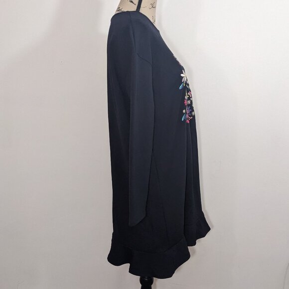 Zara Woman Basic Black Long Sleeve Embroidered Floral Shift Dress Ruffle Hem S - Picture 7 of 10